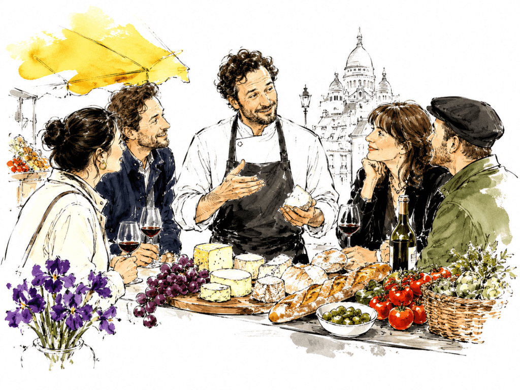Chef-led authentic Paris food tour at a market counter with wine, cheese and bread.