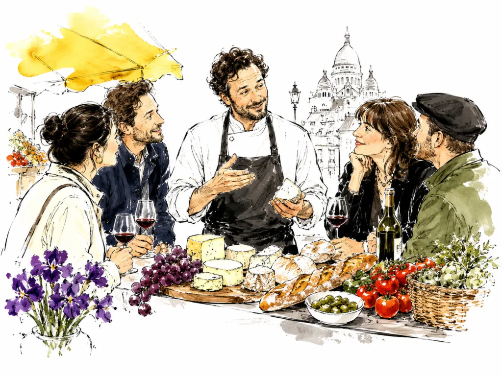 Chef-led authentic Paris food tour at a market counter with wine, cheese and bread.