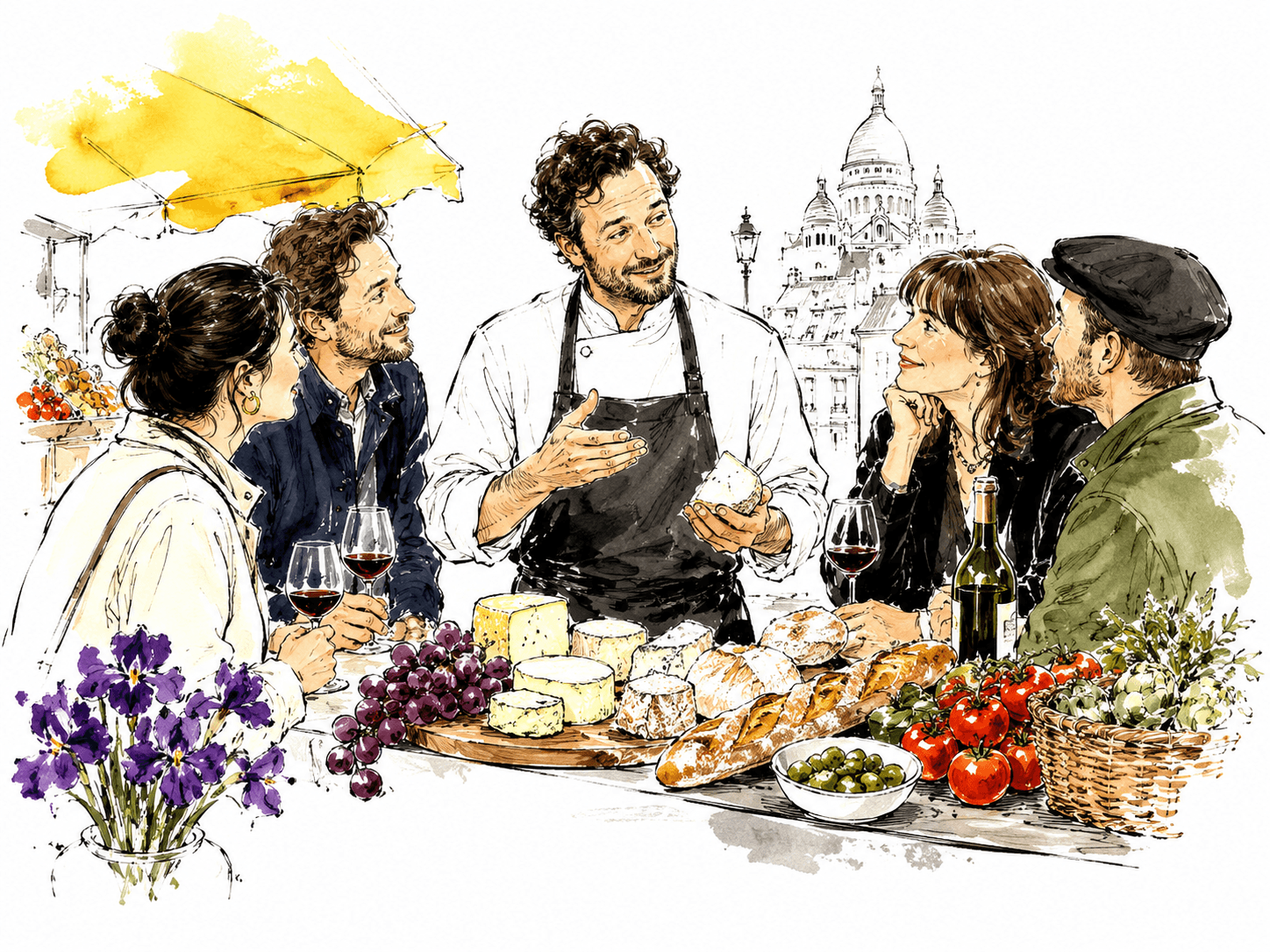 Chef-led authentic Paris food tour at a market counter with wine, cheese and bread.