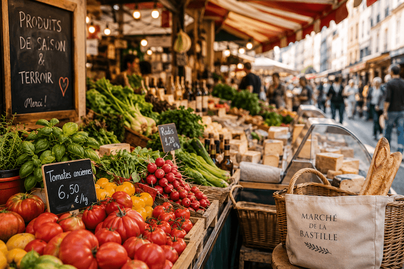Fresh produce and local food stalls at a traditional Paris market during a Boulogne market food tour.