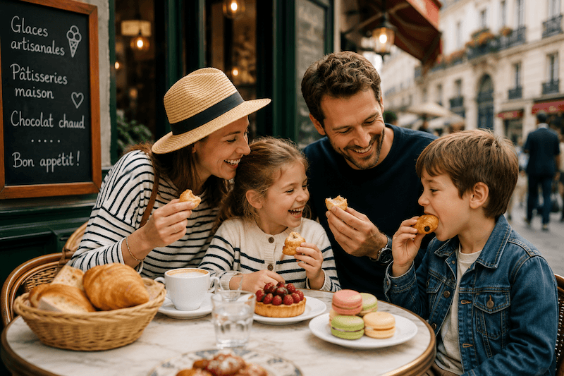 Family enjoying pastries and snacks together at a café during a family-friendly Paris food tour.