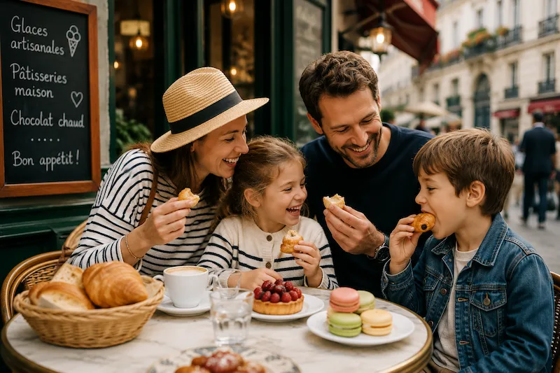 Family enjoying pastries and snacks together at a café during a family-friendly Paris food tour.