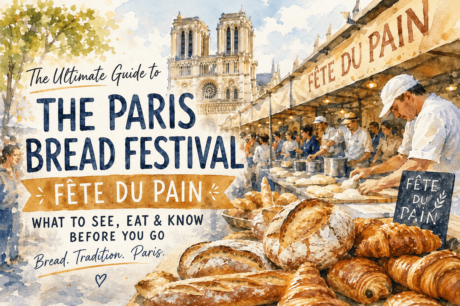 Watercolor illustration of bakers and crowds at the Paris Bread Festival in front of Notre-Dame Cathedral