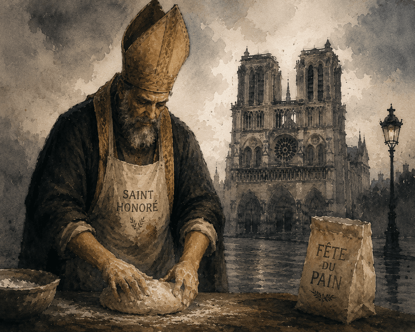 Moody watercolor illustration of Saint Honoré baking bread in front of Notre-Dame during the Paris Bread Festival