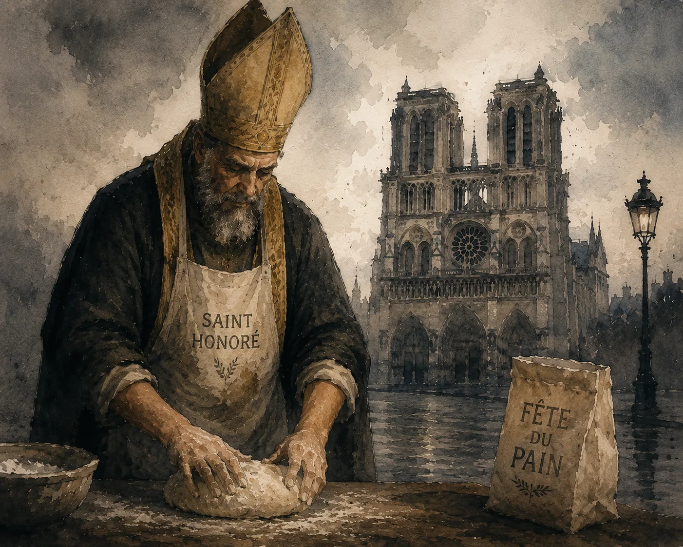 Moody watercolor illustration of Saint Honoré baking bread in front of Notre-Dame during the Paris Bread Festival
