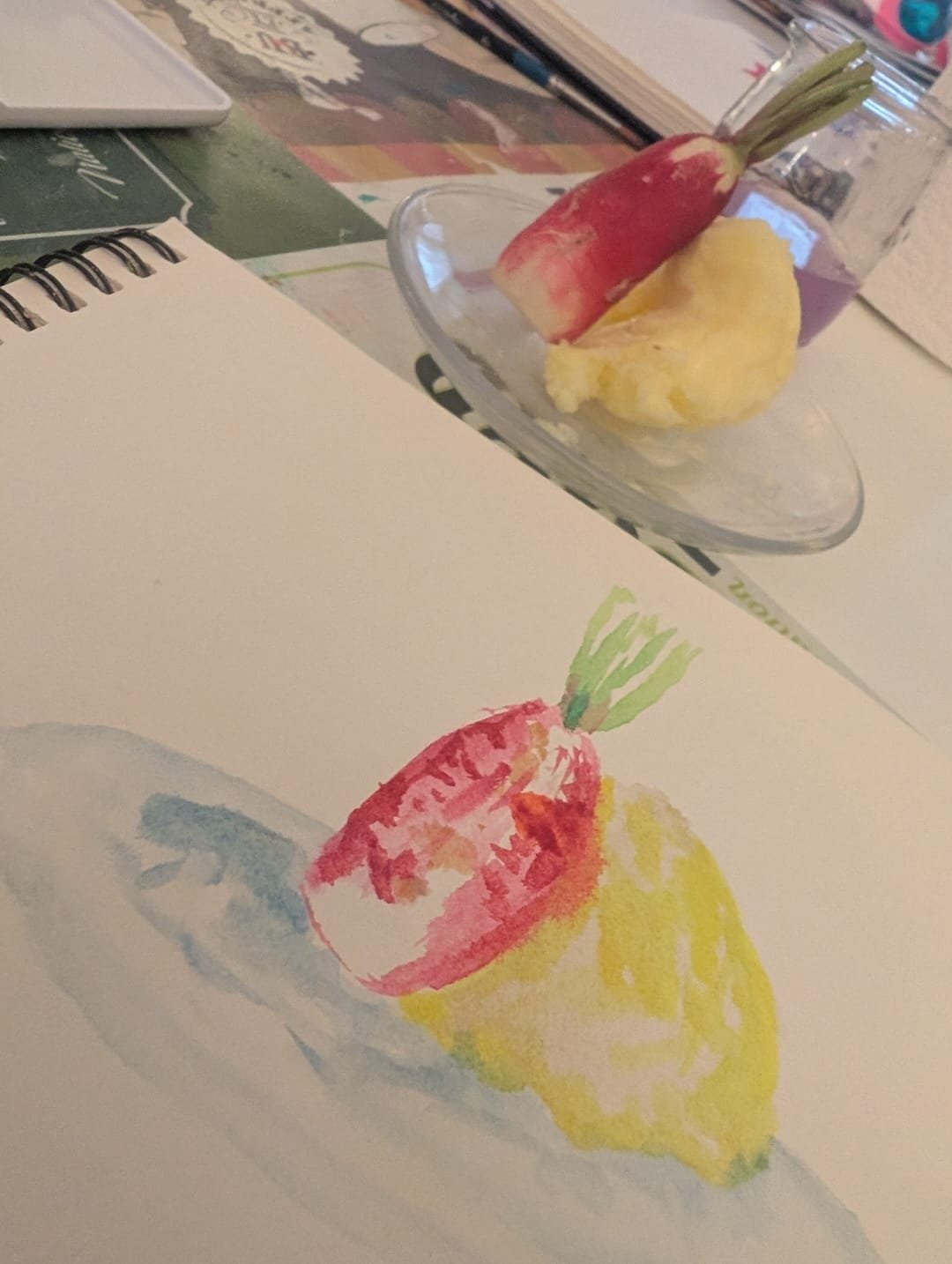Watercolor sketch of a French radish with butter, showing seasonal produce on an authentic Paris food tour.
