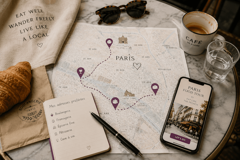 Paris food tour map with local foodie stops, notebook, croissant, and mobile phone guide.