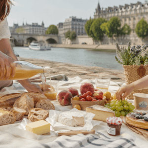 Family picnic food tour in Paris with bread, cheese, fruit and juice beside the Seine