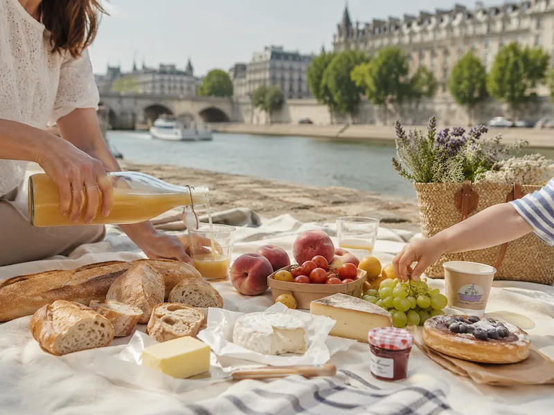 Family picnic food tour in Paris with bread, cheese, fruit and juice beside the Seine
